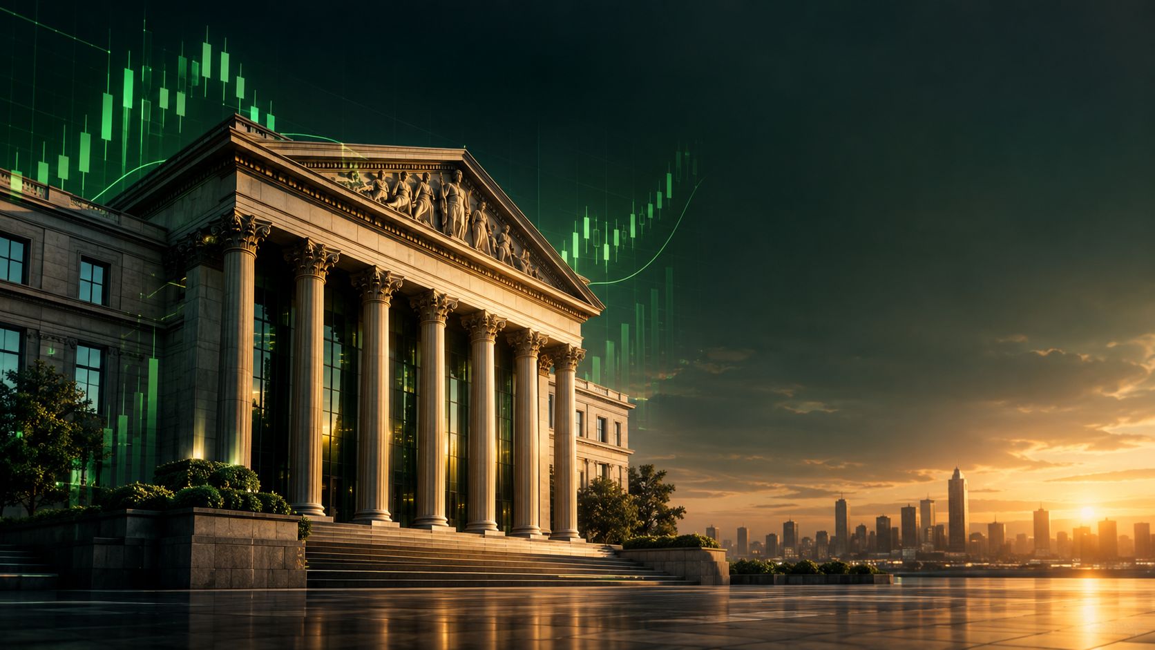 Classical central bank building facade with subtle financial chart overlays