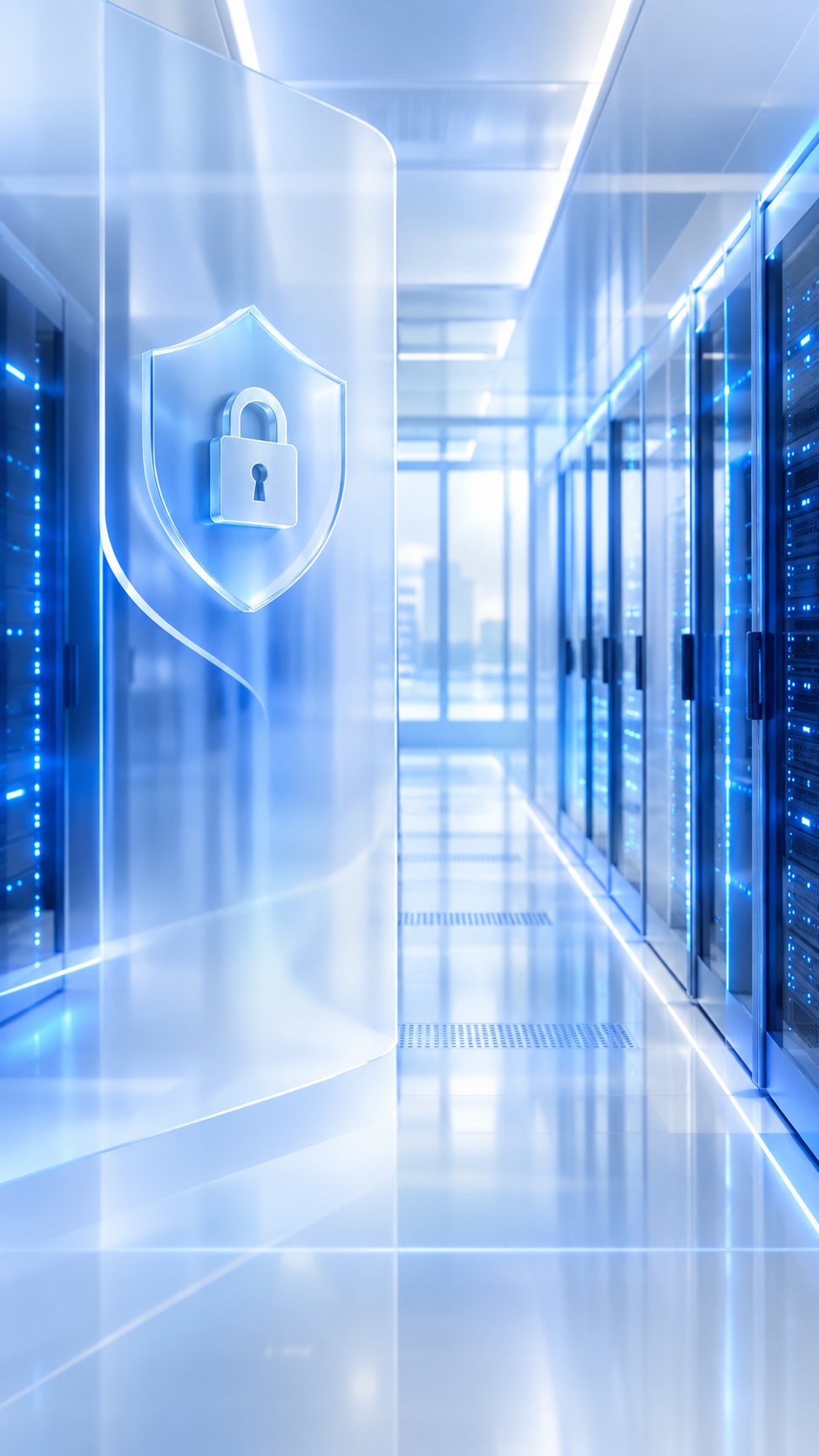 Modern secure data center corridor with blue lights