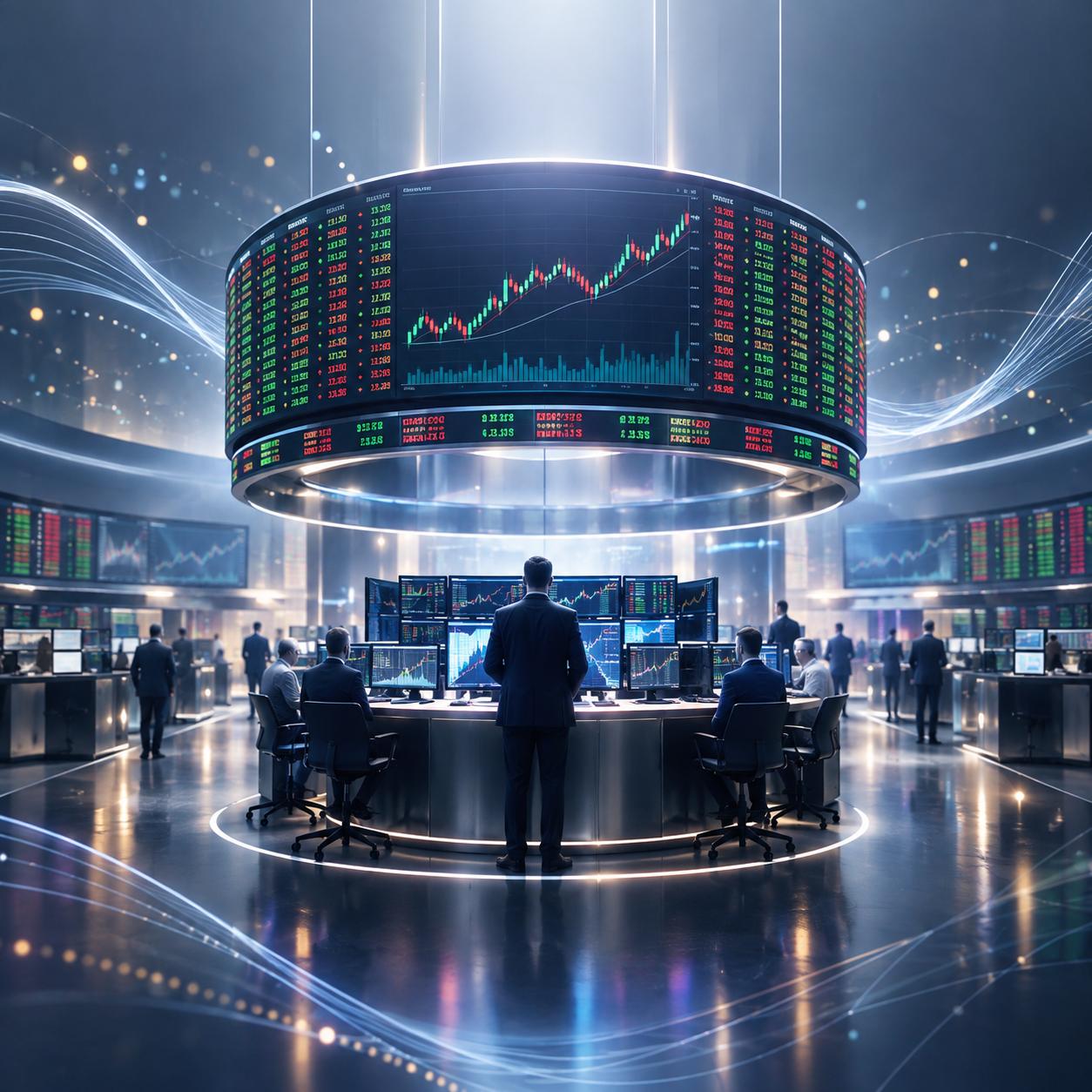 Modern stock exchange trading floor with large screens of green and red tickers