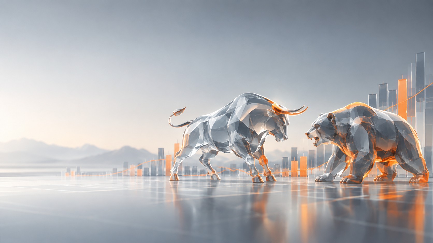 Bull and a bear facing each other on a chart landscape