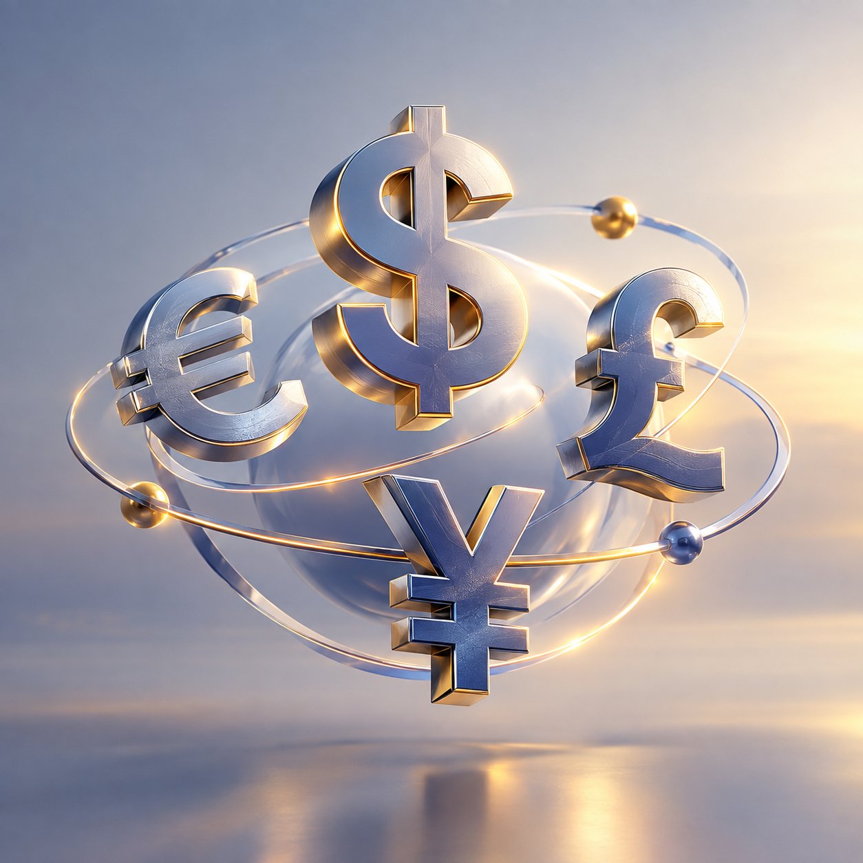 Floating 3d currency symbols of the dollar euro pound and yen orbiting each other